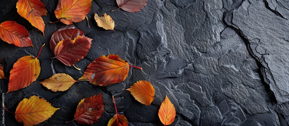 Poster close-up of ash leaves on a black stone background in an autumn-themed setting with room for a copy 