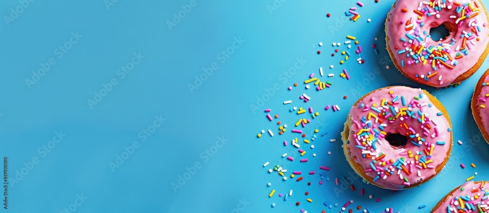 Poster a blue background enhances donuts topped with colorful sprinkles, creating an appealing copy space i