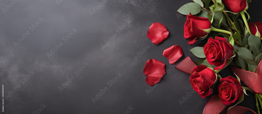 Poster top view flat lay of a valentine's day greeting card featuring a red rose bouquet atop a dark stone 
