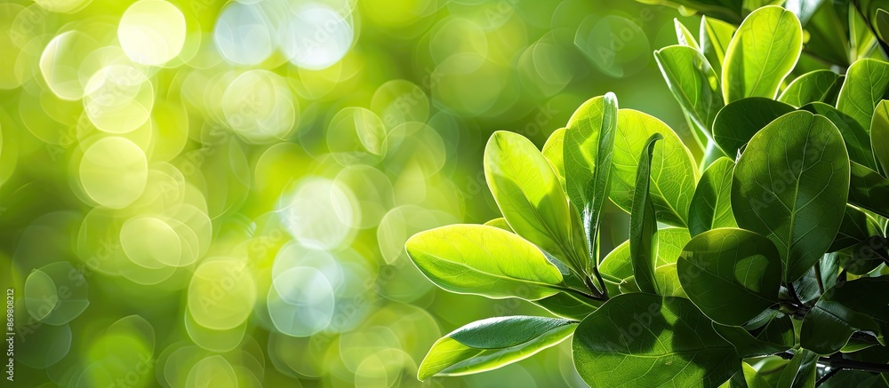 Aufkleber close-up view of bright green leaves on a magnolia kobus tree set against a blurred green backdrop, 