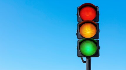 Clear blue sky highlighting an isolated traffic light, with all three signals (red, orange, green) brightly lit, creating a striking image of urban order and direction