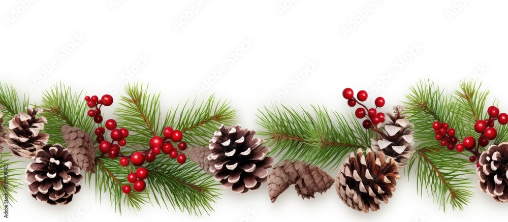 Poster An image featuring a Christmas-themed border with tree branches, red berries, and pine cones on a white background, ideal for adding text or other elements