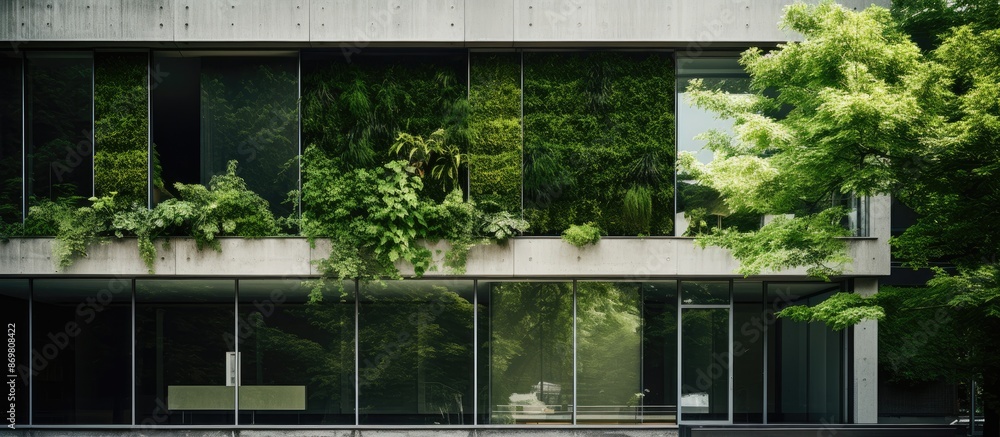 Poster contemporary building with greenery and a copy space image.