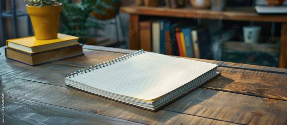 Poster desk with a blank spiral notebook page for adding text or messages, with copy space image.