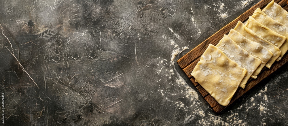 Poster Cut the dough on a wooden board into vertical lines with a background image perfect for cooking khinkala with a copy space image.