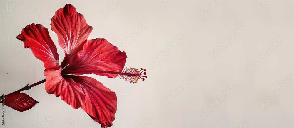 Fototapete red chinese hibiscus leaf against a plain background, providing empty space for additional content i