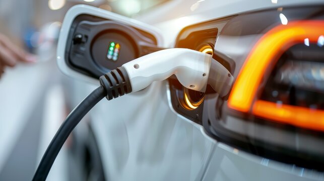 Close-up of hand plugging electric car charger into vehicle, electric mobility concept, detailed view