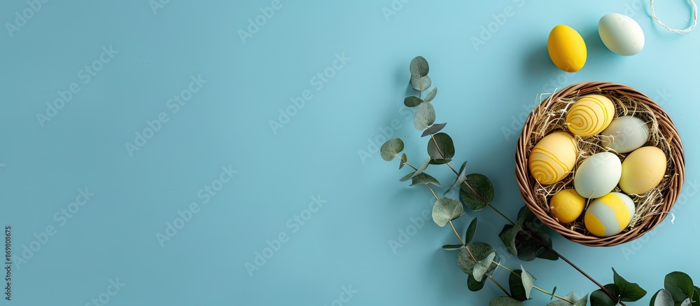 Poster a basket with easter eggs in yellow and white hues, beside eucalyptus branch on pastel blue backdrop