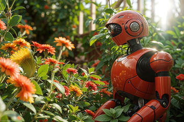 A robot is in a flower garden, a futuristic world of innovative and imaginary technology and artificial intelligence.
