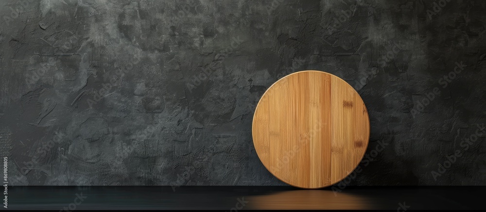 Poster a circular wooden sign with blank space sits on a black table, set up as a basic mockup for a door s