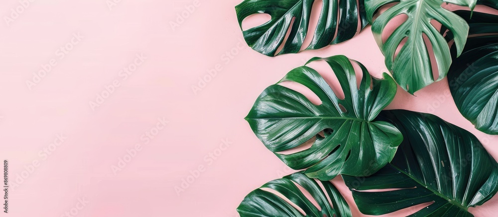 Aufkleber top view of tropical leaves, including a monstera leaf, set on a light pink backdrop for a flat lay 
