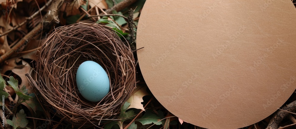 Aufkleber card for easter display with blue egg in nest, providing empty space for writing.