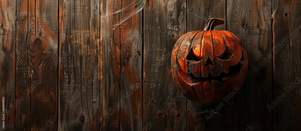 Poster Wooden background displaying a pumpkin head with a suitable area for additional image or text.