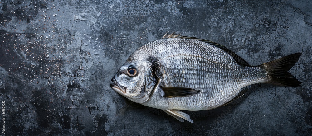Poster Sea bream fish displayed on a dark background with ample copy space.