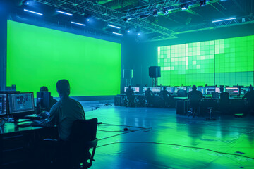 High-Tech Mission Control Room with Engineers and Flight Director Working on Computers in Green Screen Mock Up