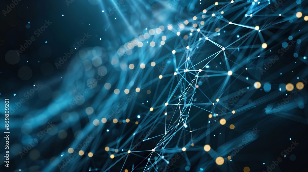 Poster abstract network background with glowing nodes. blue and gold futuristic network visualization. idea