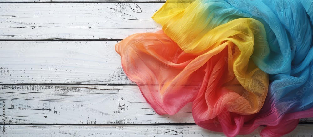 Poster a colorful fabric napkin lies on a white wooden surface, creating a lovely backdrop for any 'copy sp