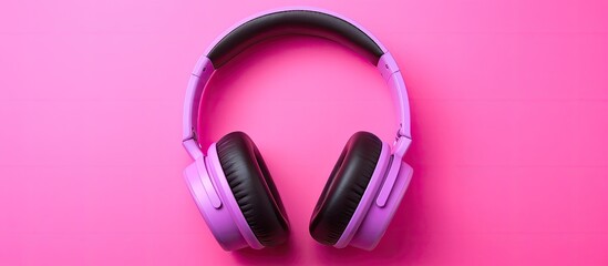 A black pair of headphones is displayed against a vibrant pink background in a concept focusing on music with copy space image.