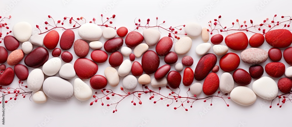 Poster White surface with scattered beautiful natural red stones, providing a visually appealing look with a copy space image.