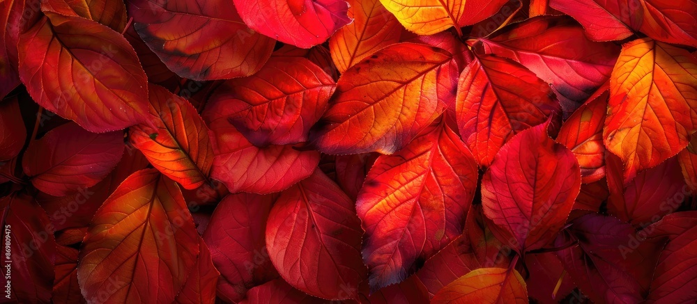 Poster The colorful autumn leaves create a vivid backdrop with glowing red, orange, and yellow hues in the sunlight, perfectly captured in a copy space image.