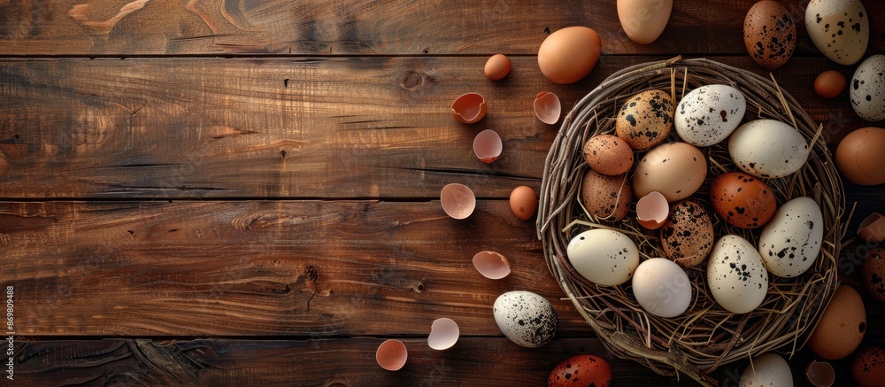 Poster top view of a wooden table with a nest holding chicken and quail eggs, surrounded by easter eggs, pr