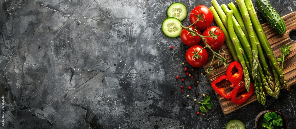 Sticker fresh green asparagus, peppers, tomatoes, and cucumbers arranged on a wooden board against a dark gr