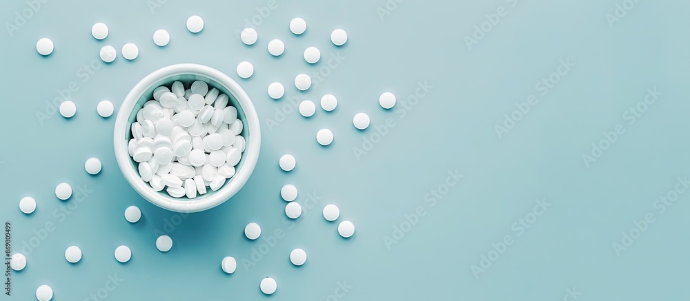 Aufkleber White pills scattered from a container on a light blue backdrop. Simple medical theme with a top-down view for easy customization, with space for further additions in the image.