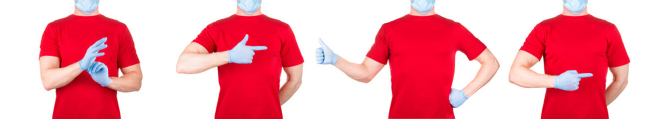 Man in red t-shirt showing or holding something in his arm on white background