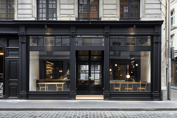Elegant Modern Black Storefront with Reflective Glass Windows on a Cobblestone Street, Featuring Interior Lighting and Minimalist Furniture Design