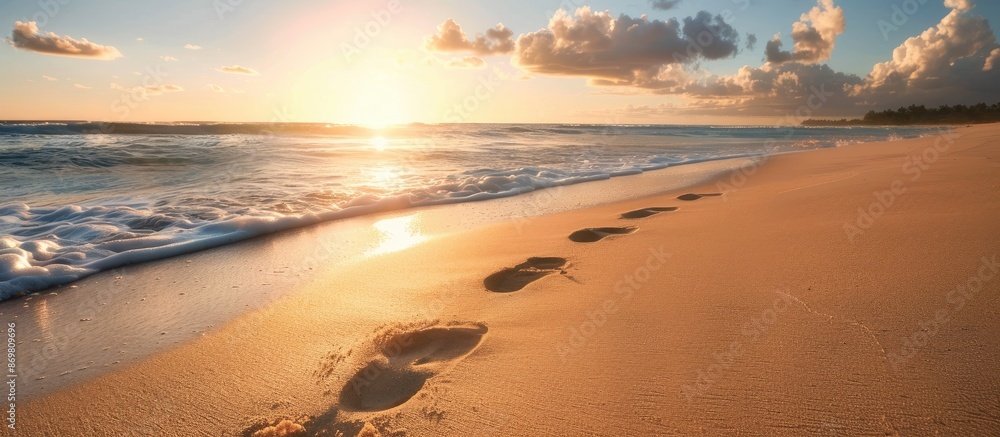 Aufkleber Sunrise beach with a visible footprint in the sand, offering an idyllic and serene scene with copy space image.