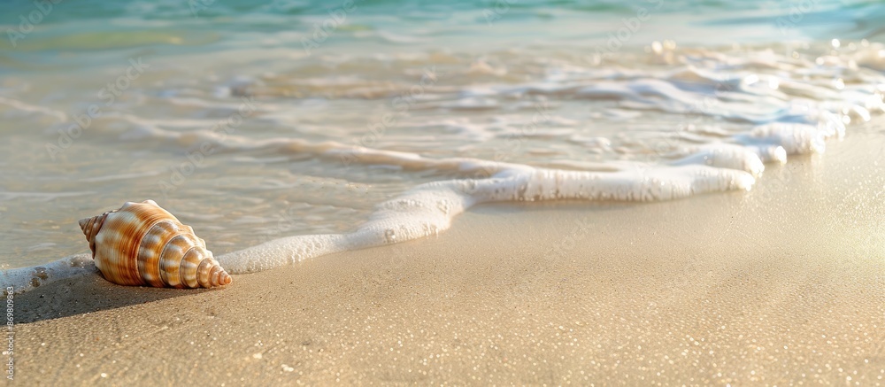 Poster a seashell resting on the sandy beach with a tranquil ocean backdrop in a serene setting, ideal for 