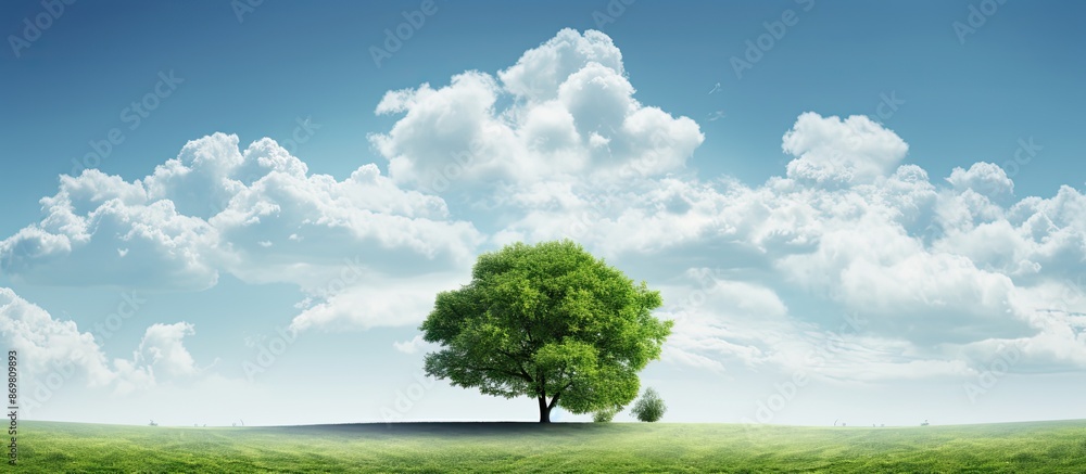 Poster A small white cloud drifts in the gap between two lush green trees against a blue sky, creating a serene scene with copy space image.