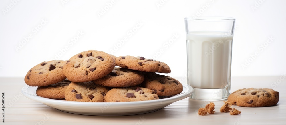 Poster delicious chocolate chip cookies on a white plate with milk bottles, against a simple background, cr
