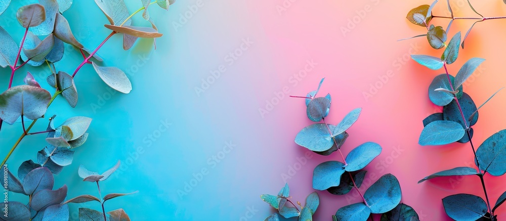 Poster eucalyptus branches frame displayed on a colorful backdrop with ample copy space image.