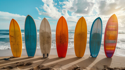 Colorful Surfboards Lined Up on Sandy Beach with Ocean Waves