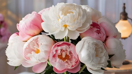 Background with beautiful white and pink flowers peonies