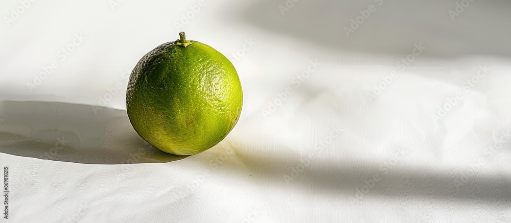 Poster Design concept with a green raw tangerine isolated on a white backdrop featuring shadows and a soft focus, ideal for copy space image.