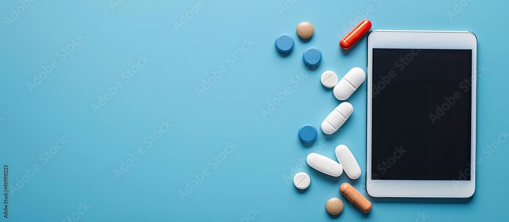 Poster blue background with a tablet pill, allowing for ample copy space image.