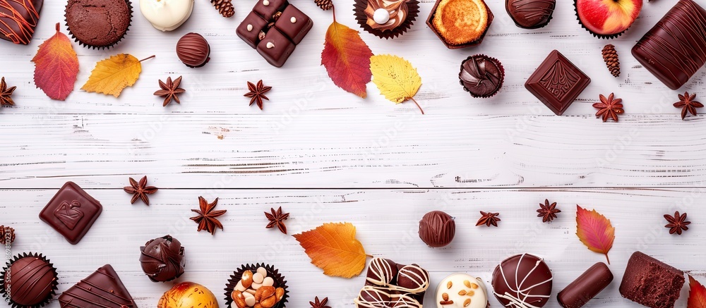 Poster top view of an array of classic autumn sweets on a white wooden backdrop, forming a side border with