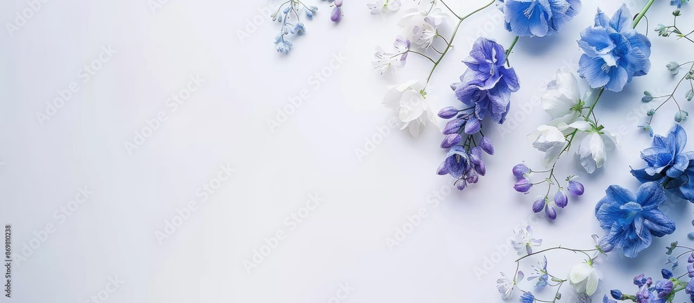 Poster Delphinium flower on a white backdrop with copy space image.