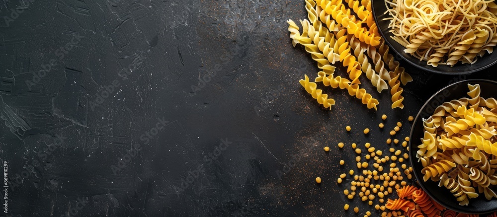 Aufkleber concept of cooking various types of pasta displayed in a photograph with copy space image.
