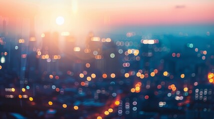 Obraz premium City lights bokeh sunset. Abstract blurred city lights at sunset, creating a dreamy bokeh effect. Perfect for urban and lifestyle themes.
