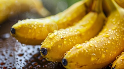 Fototapeta premium Fresh ripe bananas with water droplets. Close-up of wet, yellow bananas, emphasizing their freshness and appeal. Ideal for food, health, or tropical themes.