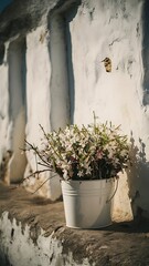 Spring flowers in white bucket on background old white wall