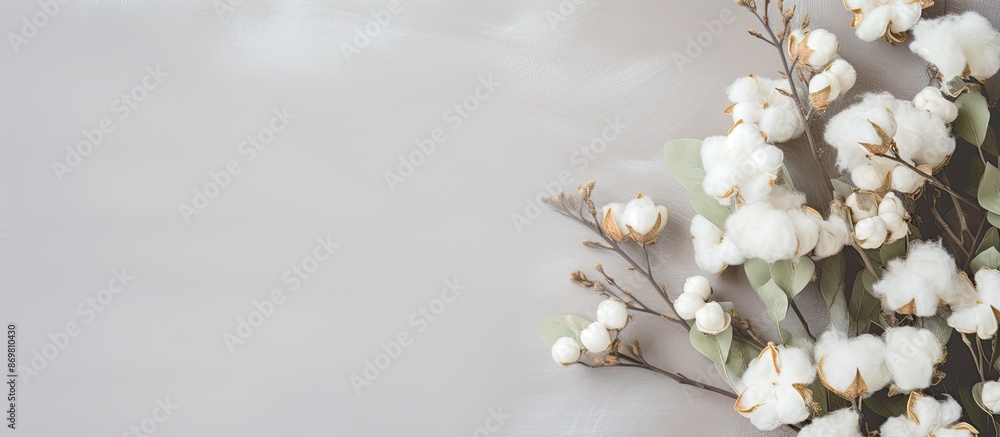 Leinwandbilder top view of delicate white cotton flowers and fresh eucalyptus twigs arranged in a floral compositio