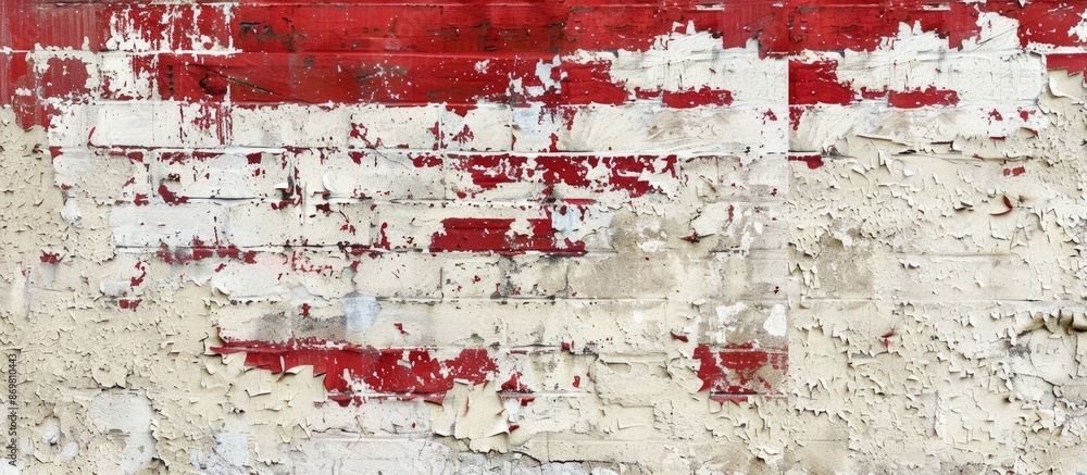 Poster background texture of an aged red and white brick wall with chipped plaster, providing a rustic appe