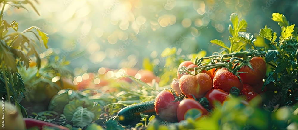 Poster harvesting garden vegetables with selective focus on food in a copy space image.