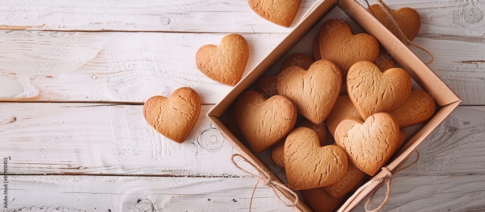 Poster Heart-shaped cookies in a box on a white wooden table seen from above with a background available for adding text, copy space image.