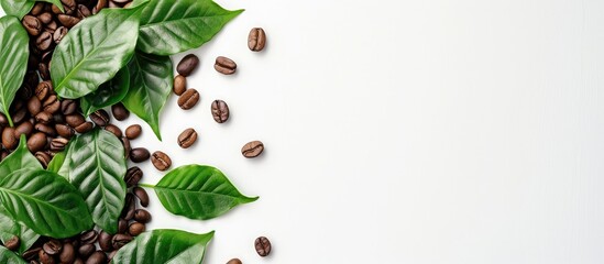 Coffee beans and leaves arranged on a white background with copy space image.
