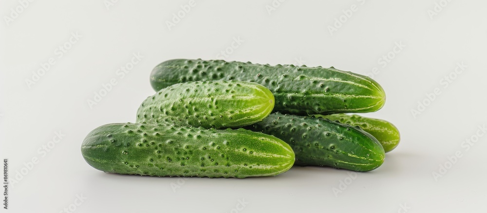 Aufkleber Front view of a cluster of crisp green cucumbers isolated on a white background with room for text or a image alongside.